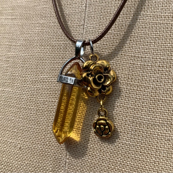 Hand Crafted Jewelry - Handmade Honey Amber Resin Crystal Amulet Necklace & Flower Charm